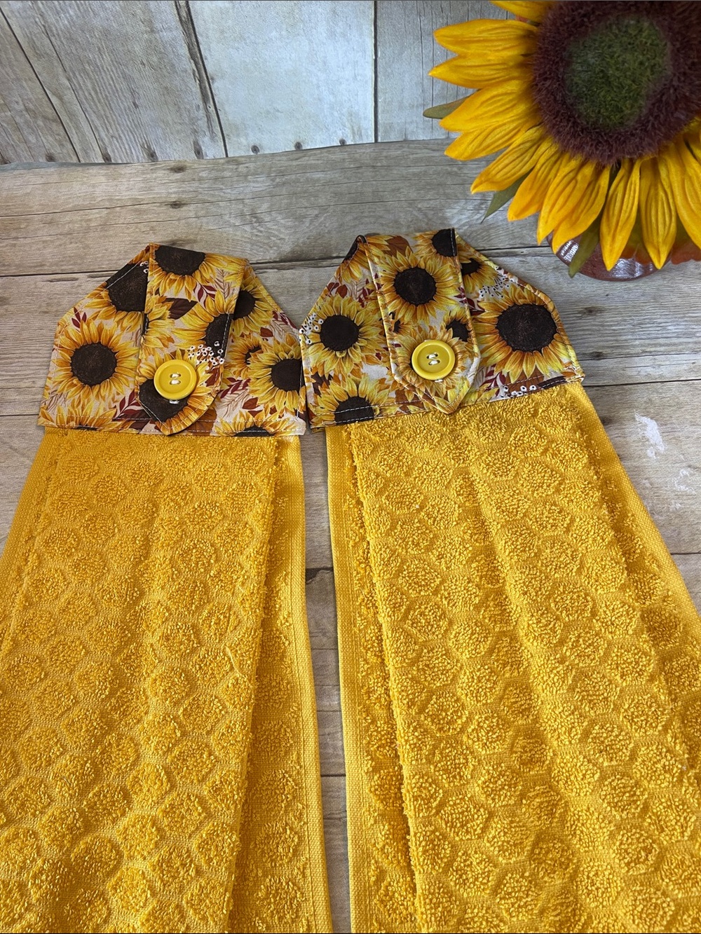 Sunflower Sewn Button-Top Yellow Hanging Towels Set of Two
